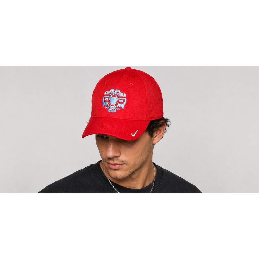 Nike Golf N7‎ Red Fitted Hat L/XL Native American Totem Logo Swoosh Baseball Cap